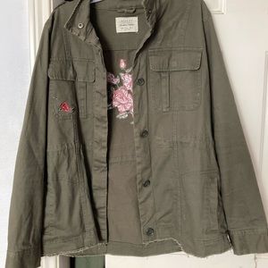 Dark green jacket with roses embroidered on the front and back